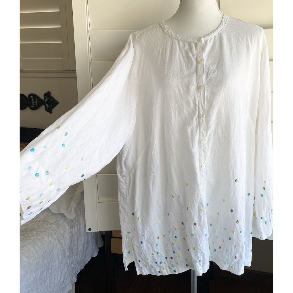 Susan Bristol Women 2X Linen Top White Embroidered Tunic Cottage Coastal LS